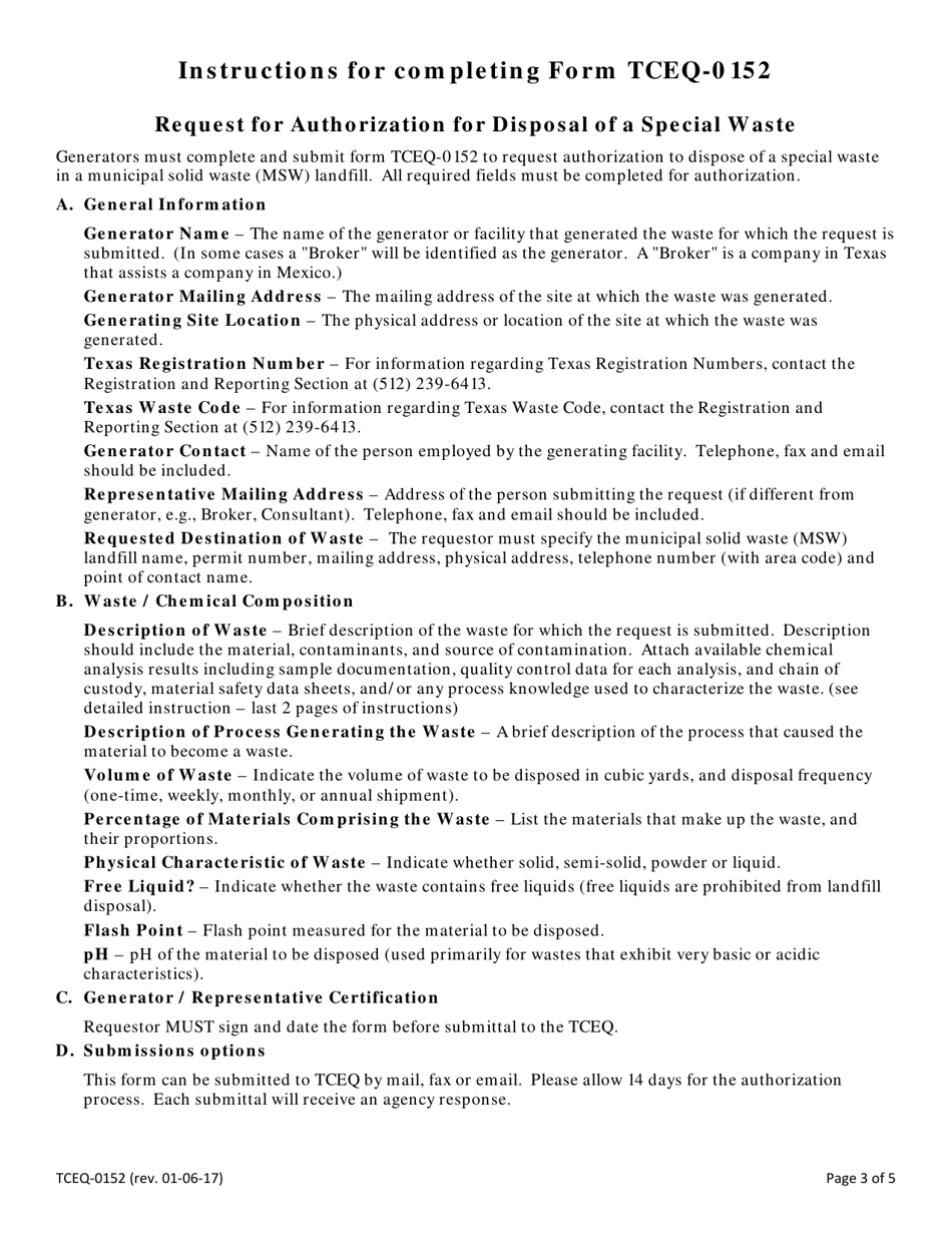 Form TCEQ-00152 Request for Authorization for Disposal of a Special Waste - Texas, Page 3