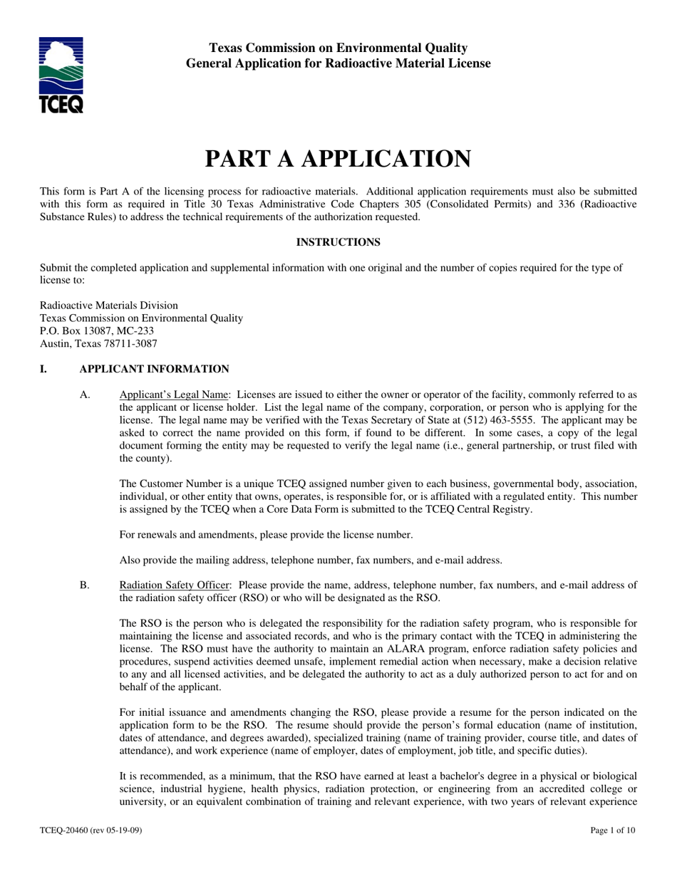 Form TCEQ-20460 General Application for Radioactive Material License - Texas, Page 1