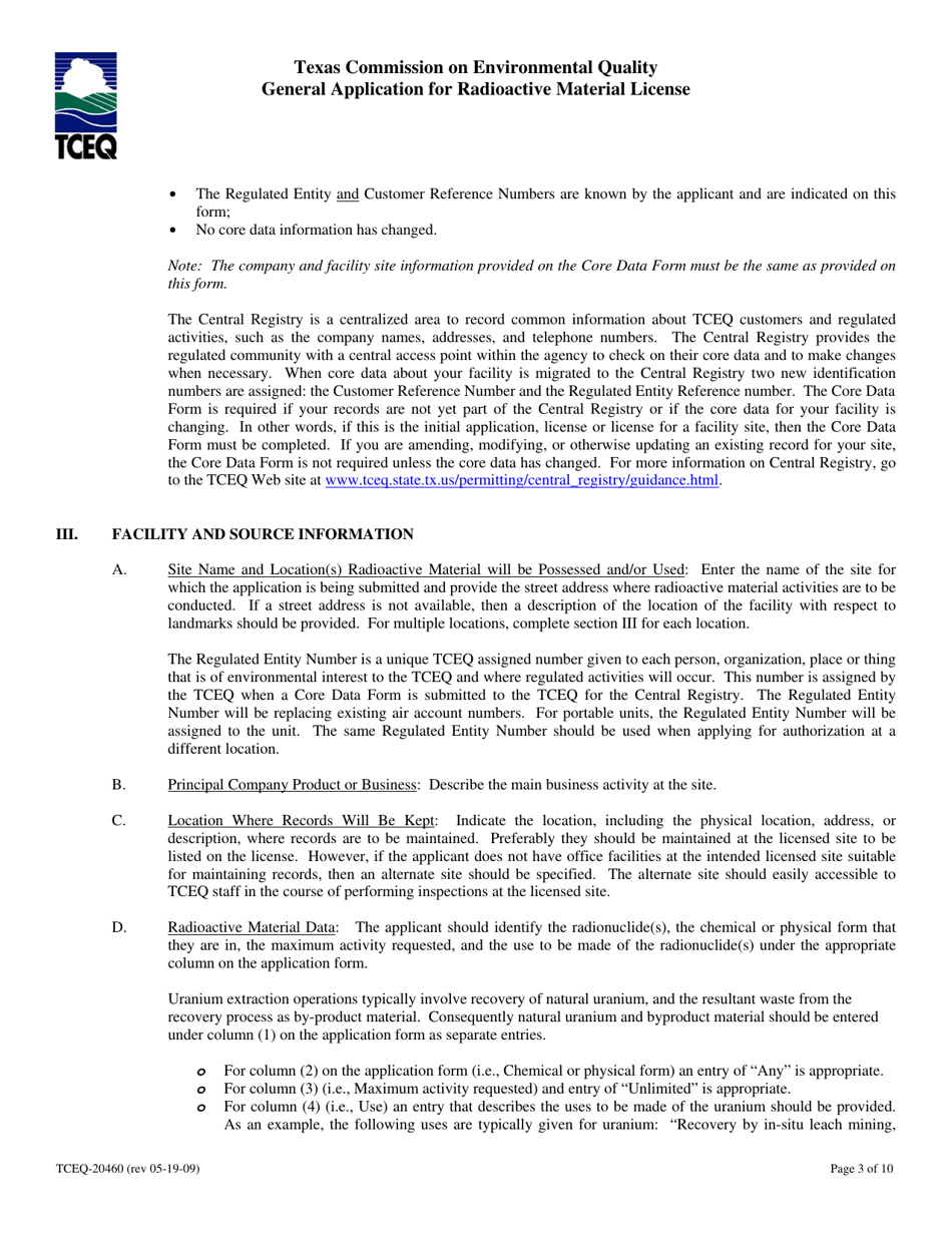 Form TCEQ-20460 General Application for Radioactive Material License - Texas, Page 3