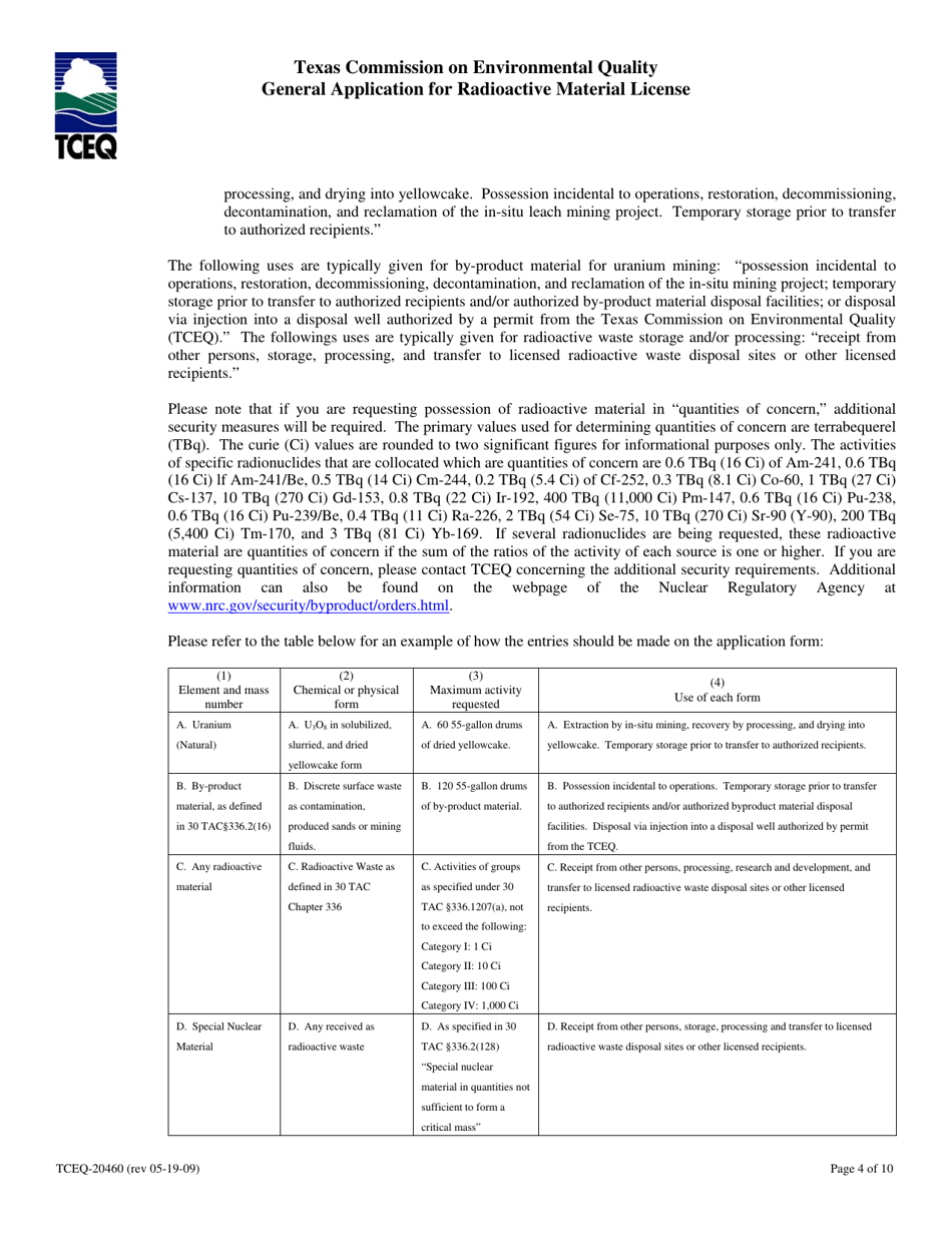 Form TCEQ-20460 General Application for Radioactive Material License - Texas, Page 4
