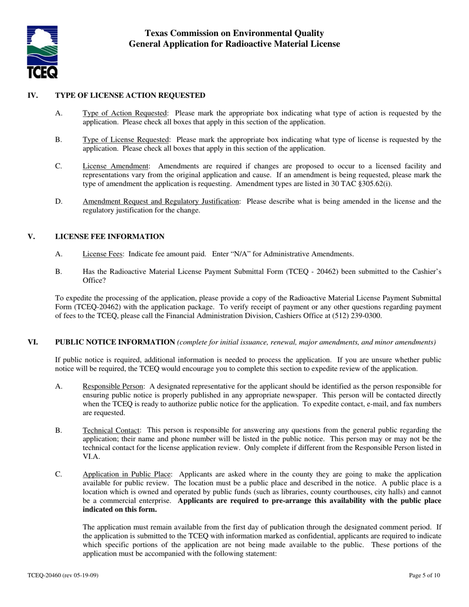 Form TCEQ-20460 General Application for Radioactive Material License - Texas, Page 5