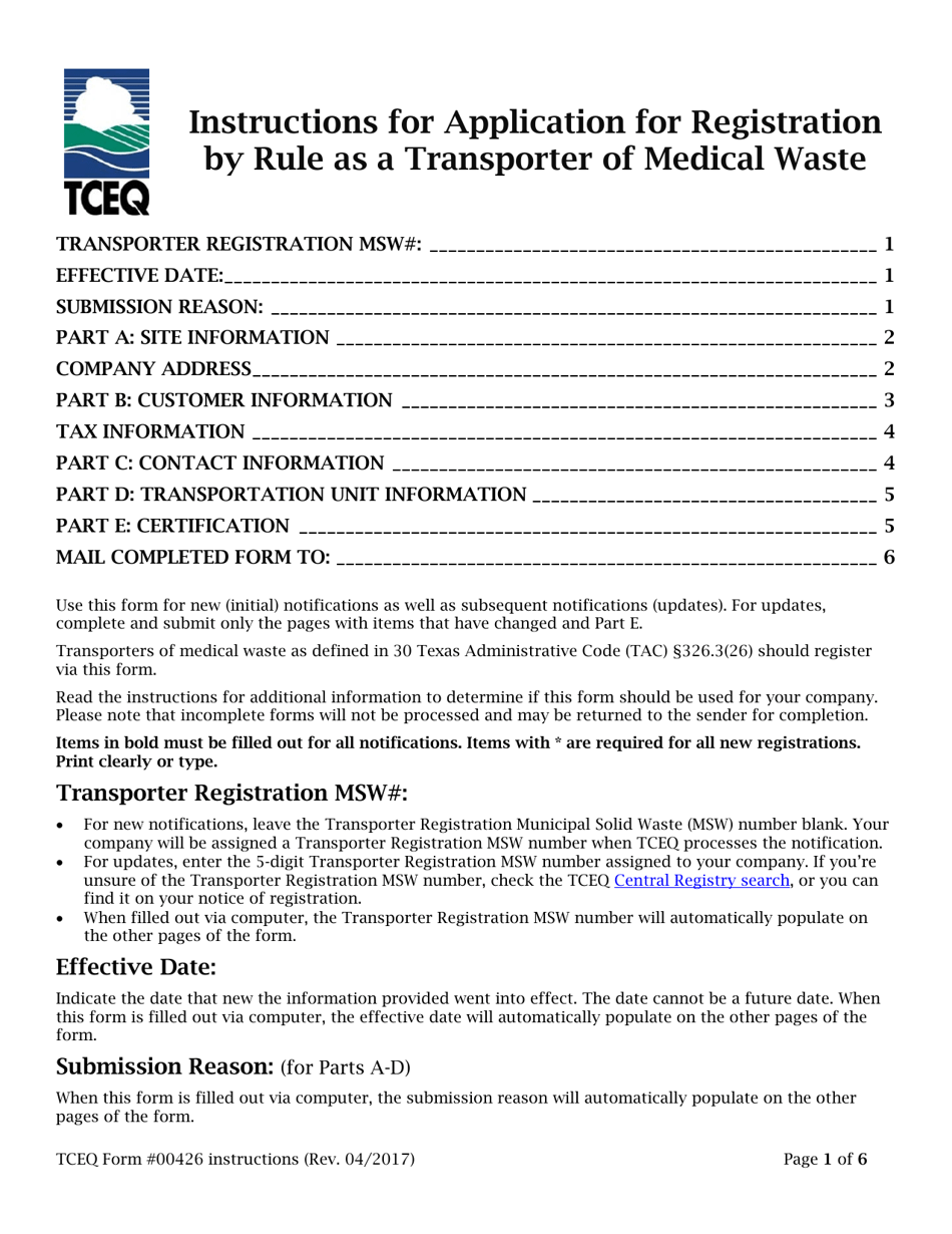Instructions for Form TCEQ-00426 Application to Claim a Registration by Rule as a Transporter of Medical Waste - Texas, Page 1