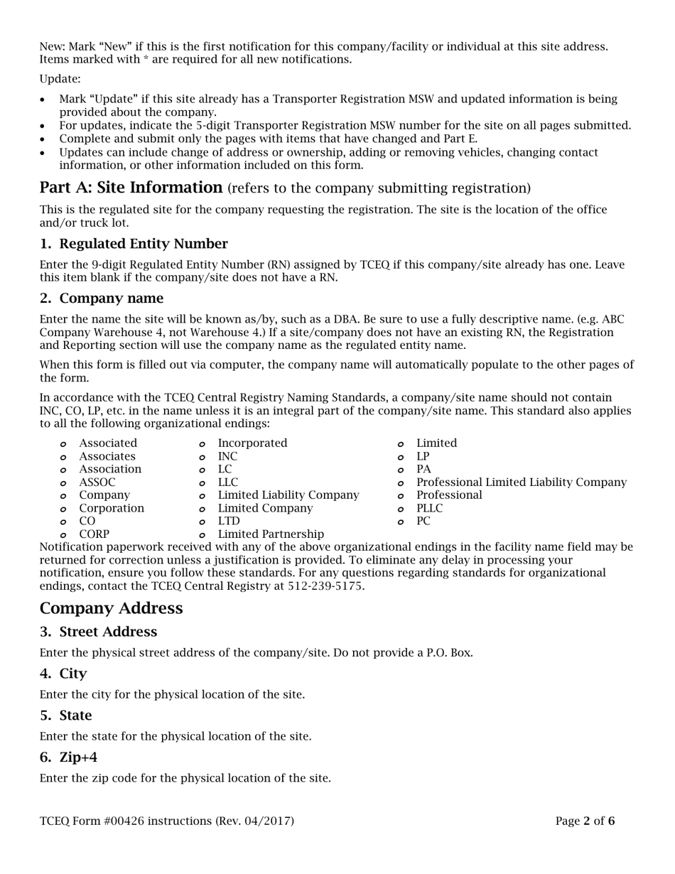 Instructions for Form TCEQ-00426 Application to Claim a Registration by Rule as a Transporter of Medical Waste - Texas, Page 2