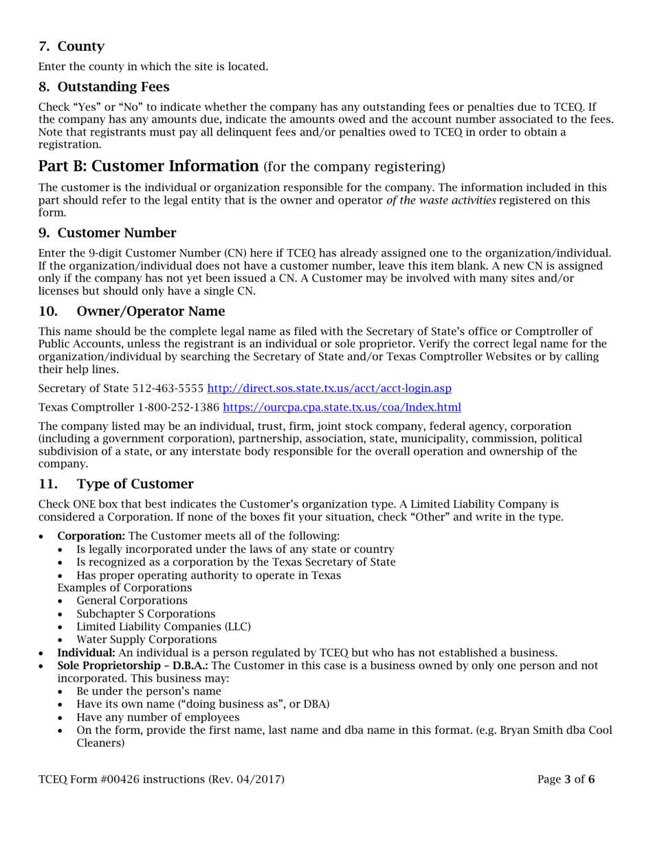 Instructions for Form TCEQ-00426 Application to Claim a Registration by Rule as a Transporter of Medical Waste - Texas, Page 3