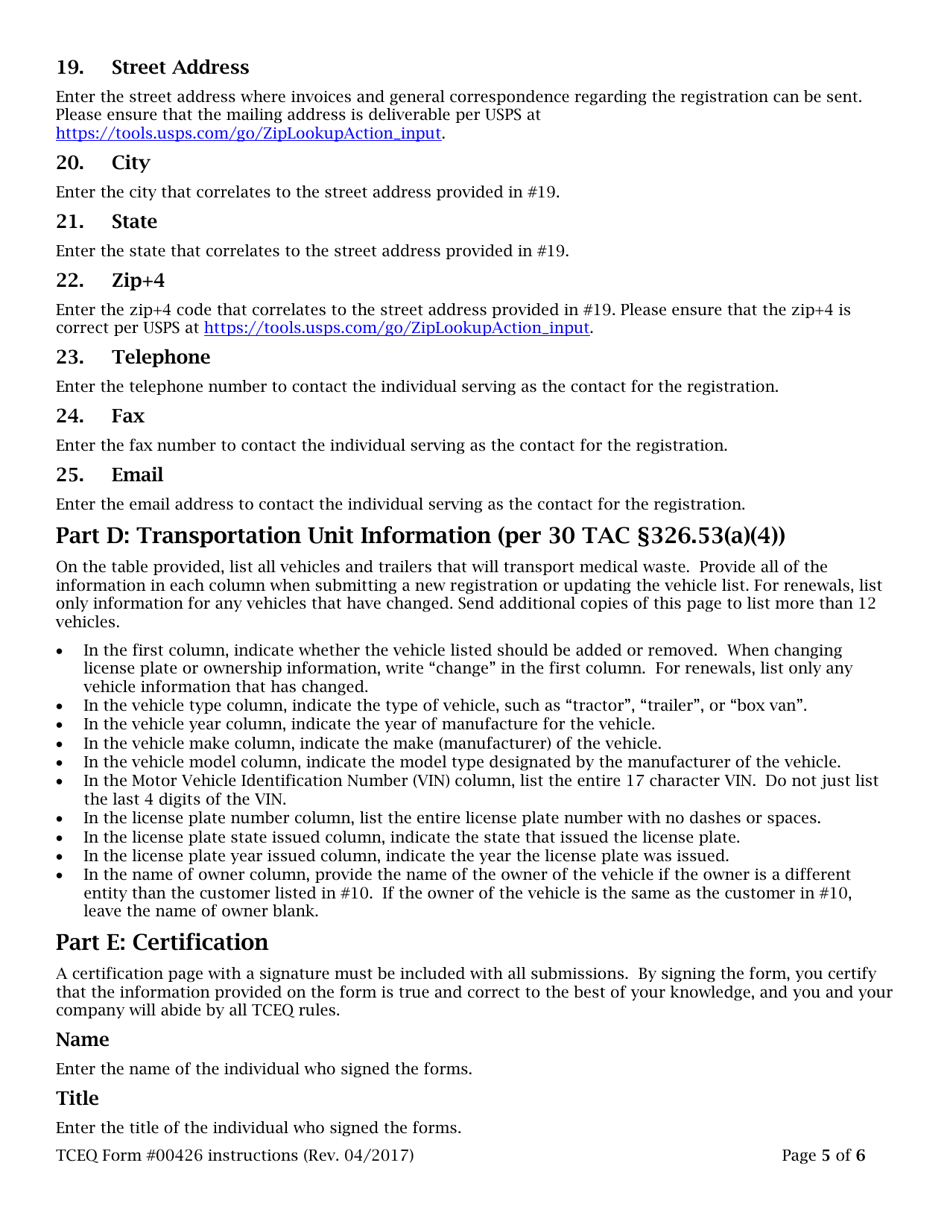 Instructions for Form TCEQ-00426 Application to Claim a Registration by Rule as a Transporter of Medical Waste - Texas, Page 5