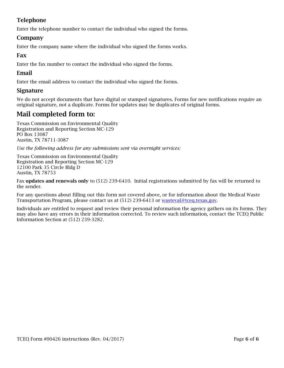Instructions for Form TCEQ-00426 Application to Claim a Registration by Rule as a Transporter of Medical Waste - Texas, Page 6