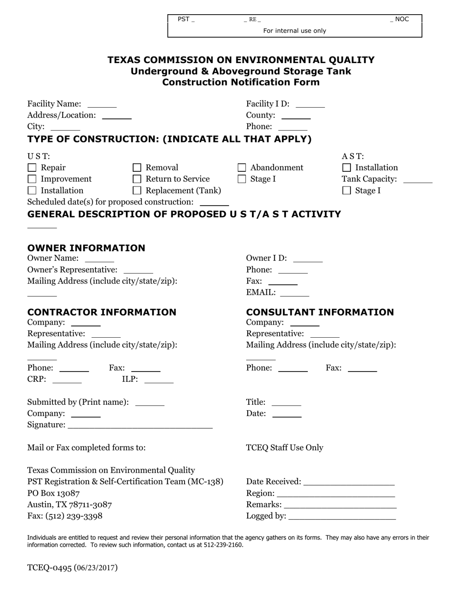 Form TCEQ-00495 Underground and Aboveground Storage Tank Construction Notification Form - Texas, Page 1