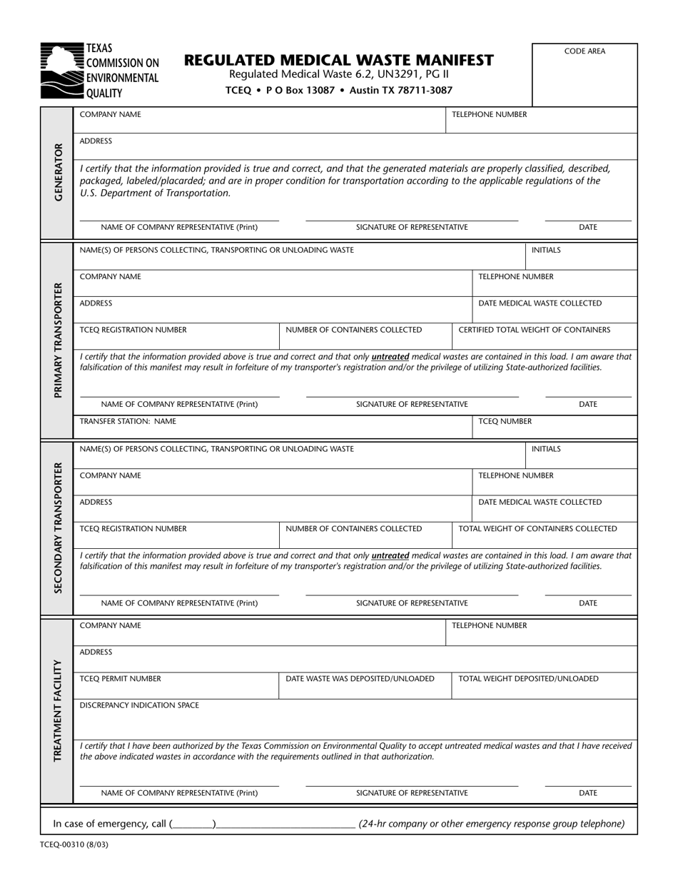 Form TCEQ-00310 Regulated Medical Waste Manifest - Texas, Page 1