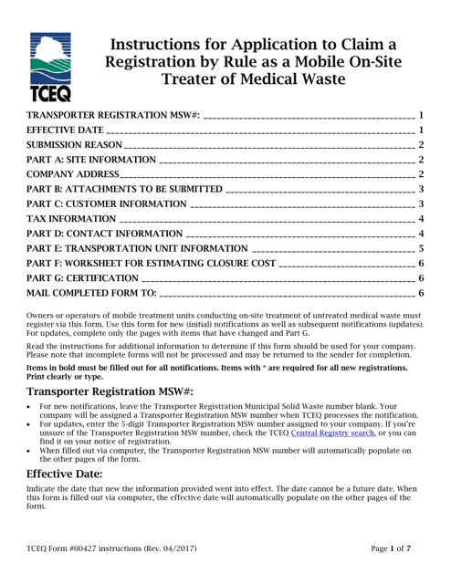Instructions for Form TCEQ-00427 Application to Claim a Registration by Rule as a Mobile on-Site Treater of Medical Waste - Texas