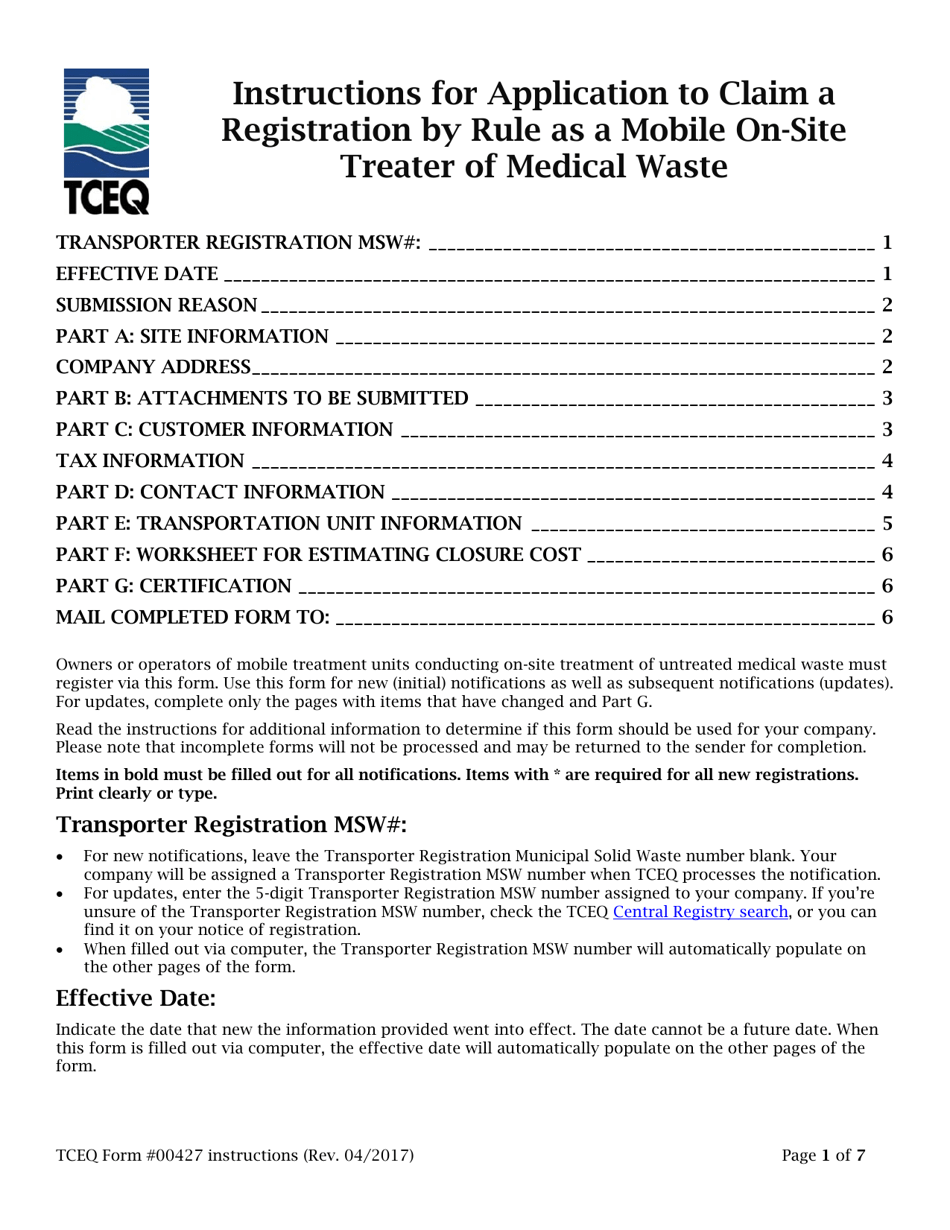 Instructions for Form TCEQ-00427 Application to Claim a Registration by Rule as a Mobile on-Site Treater of Medical Waste - Texas, Page 1