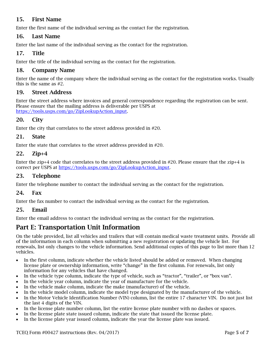Instructions for Form TCEQ-00427 Application to Claim a Registration by Rule as a Mobile on-Site Treater of Medical Waste - Texas, Page 5