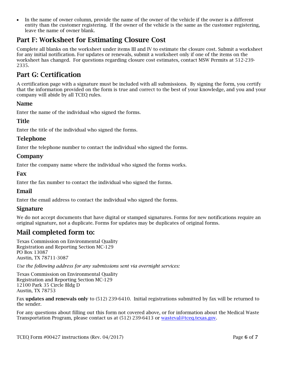 Instructions for Form TCEQ-00427 Application to Claim a Registration by Rule as a Mobile on-Site Treater of Medical Waste - Texas, Page 6