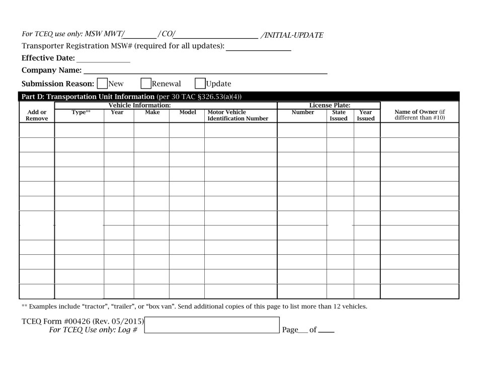 Form TCEQ-00426 Application to Claim a Registration by Rule as a Transporter of Medical Waste - Texas, Page 3