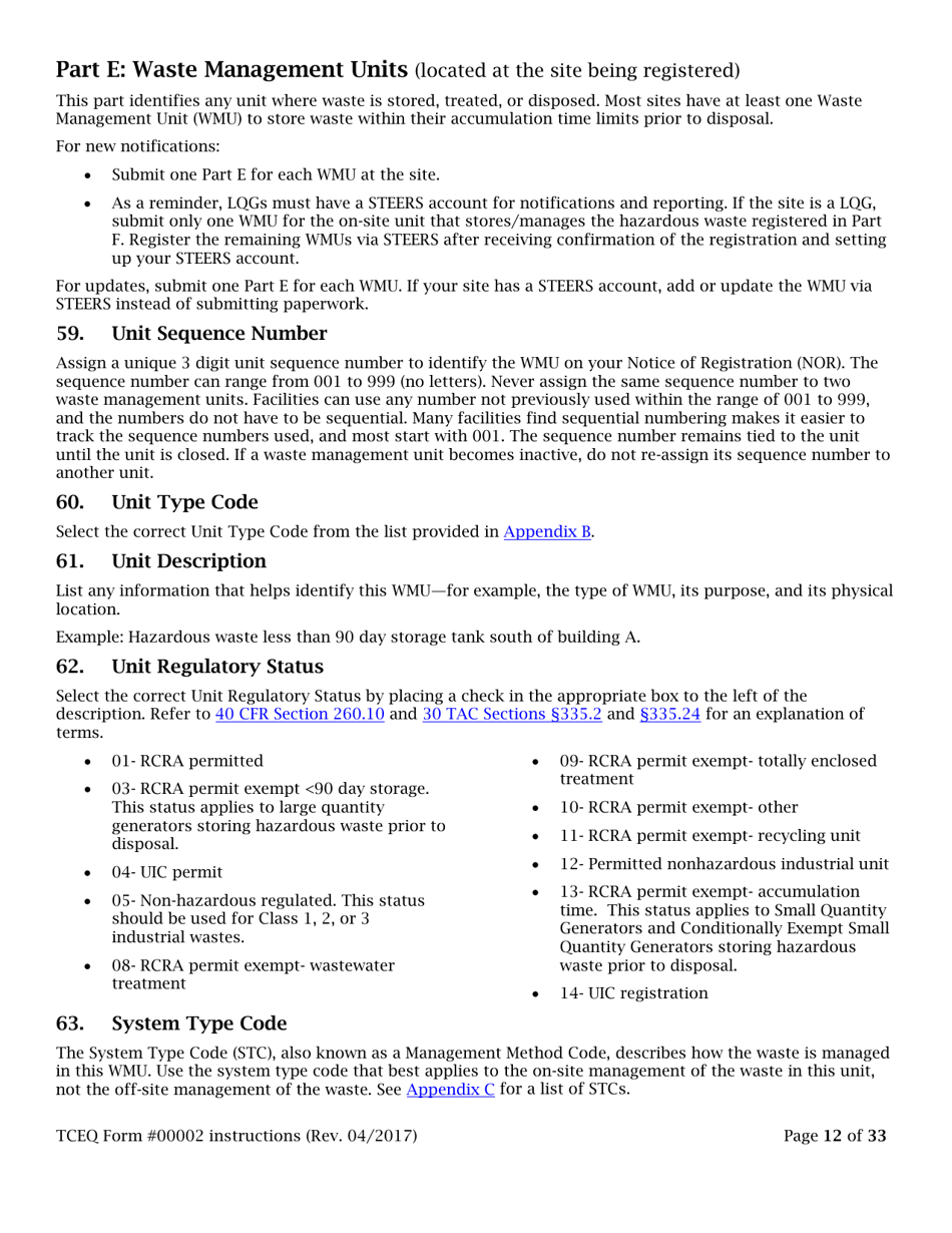 Instructions for Form TCEQ-00002 Notification for Hazardous or Industrial Waste Management Form - Texas, Page 12