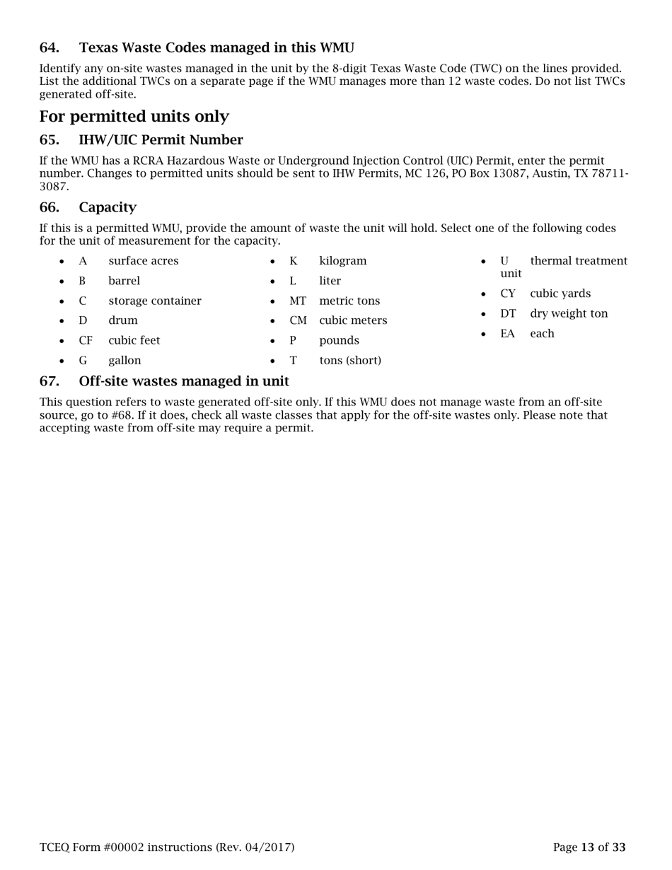 Instructions for Form TCEQ-00002 Notification for Hazardous or Industrial Waste Management Form - Texas, Page 13