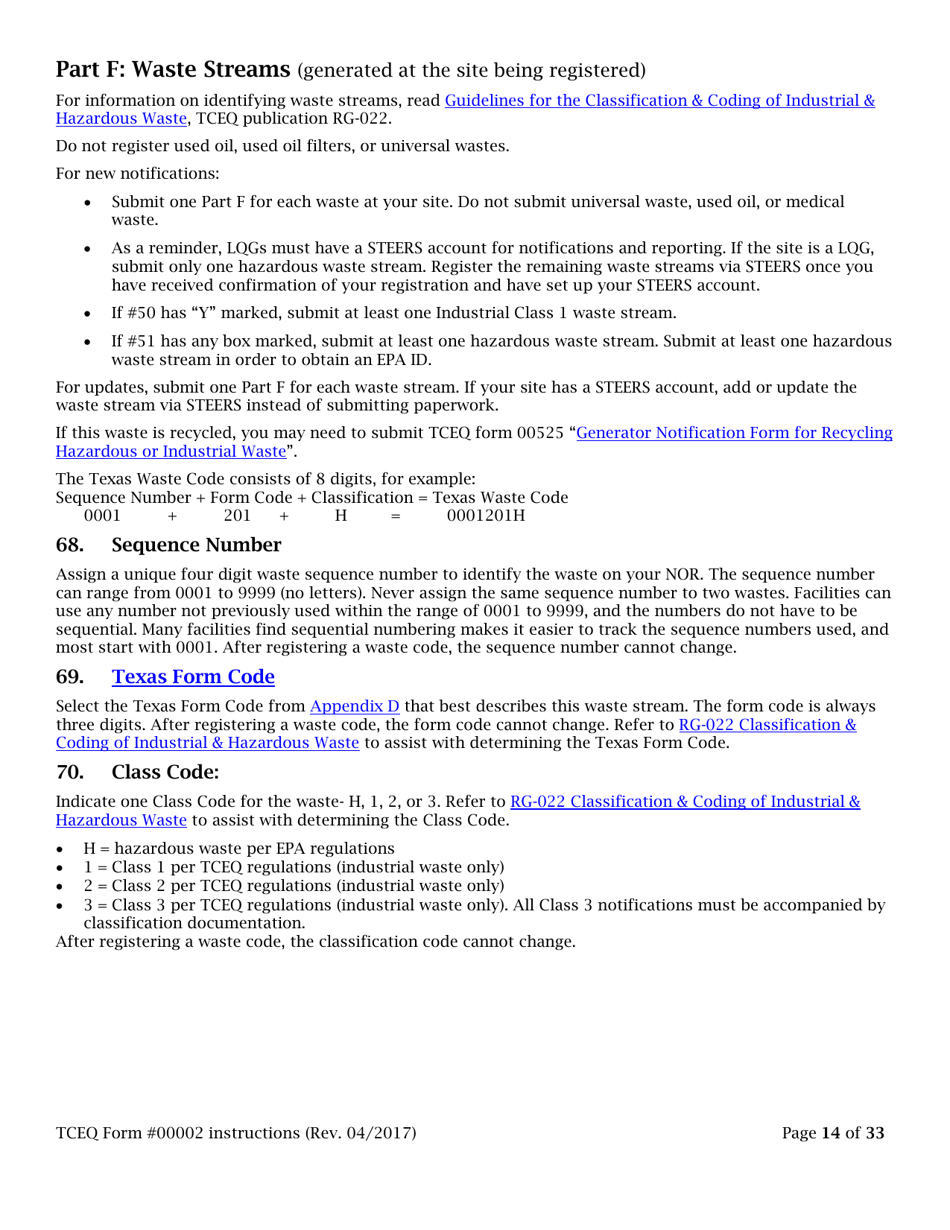 Instructions for Form TCEQ-00002 Notification for Hazardous or Industrial Waste Management Form - Texas, Page 14
