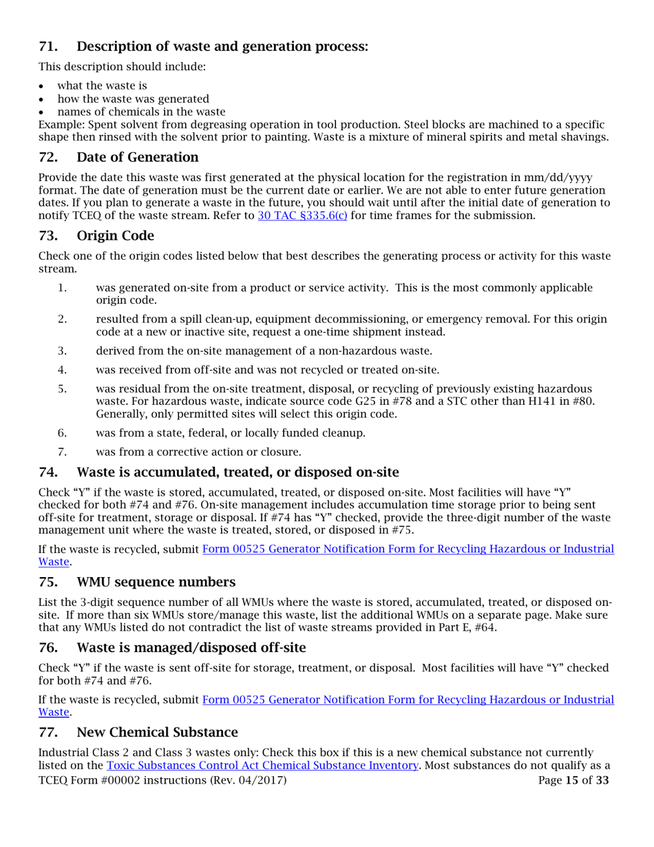 Instructions for Form TCEQ-00002 Notification for Hazardous or Industrial Waste Management Form - Texas, Page 15