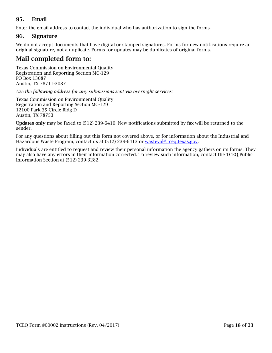 Instructions for Form TCEQ-00002 Notification for Hazardous or Industrial Waste Management Form - Texas, Page 18