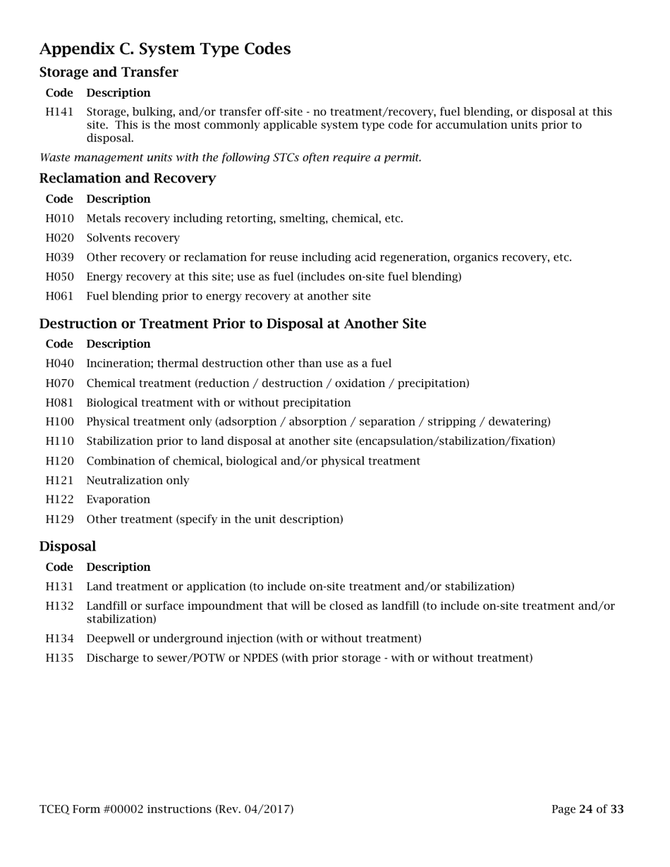 Instructions for Form TCEQ-00002 Notification for Hazardous or Industrial Waste Management Form - Texas, Page 24