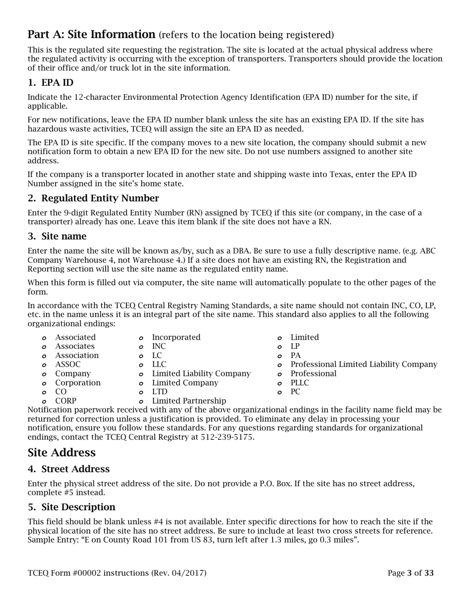 Instructions for Form TCEQ-00002 Notification for Hazardous or Industrial Waste Management Form - Texas, Page 3