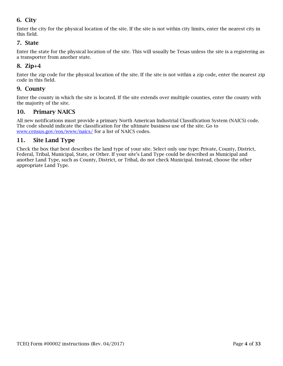 Instructions for Form TCEQ-00002 Notification for Hazardous or Industrial Waste Management Form - Texas, Page 4