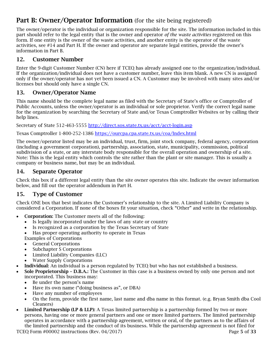 Instructions for Form TCEQ-00002 Notification for Hazardous or Industrial Waste Management Form - Texas, Page 5