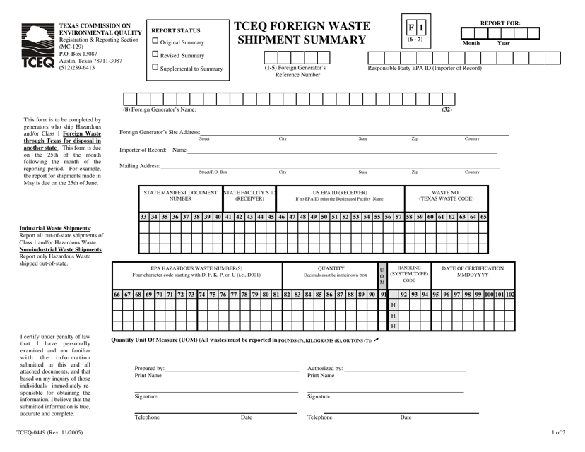 Form TCEQ-00449 Foreign Waste Shipment Summary - Texas