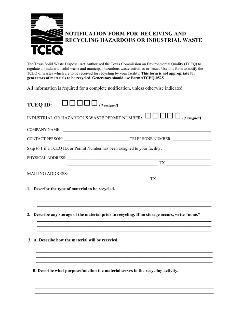 Form TCEQ-00524 Notification Form for Receiving and Recycling Hazardous or Industrial Waste - Texas, Page 1