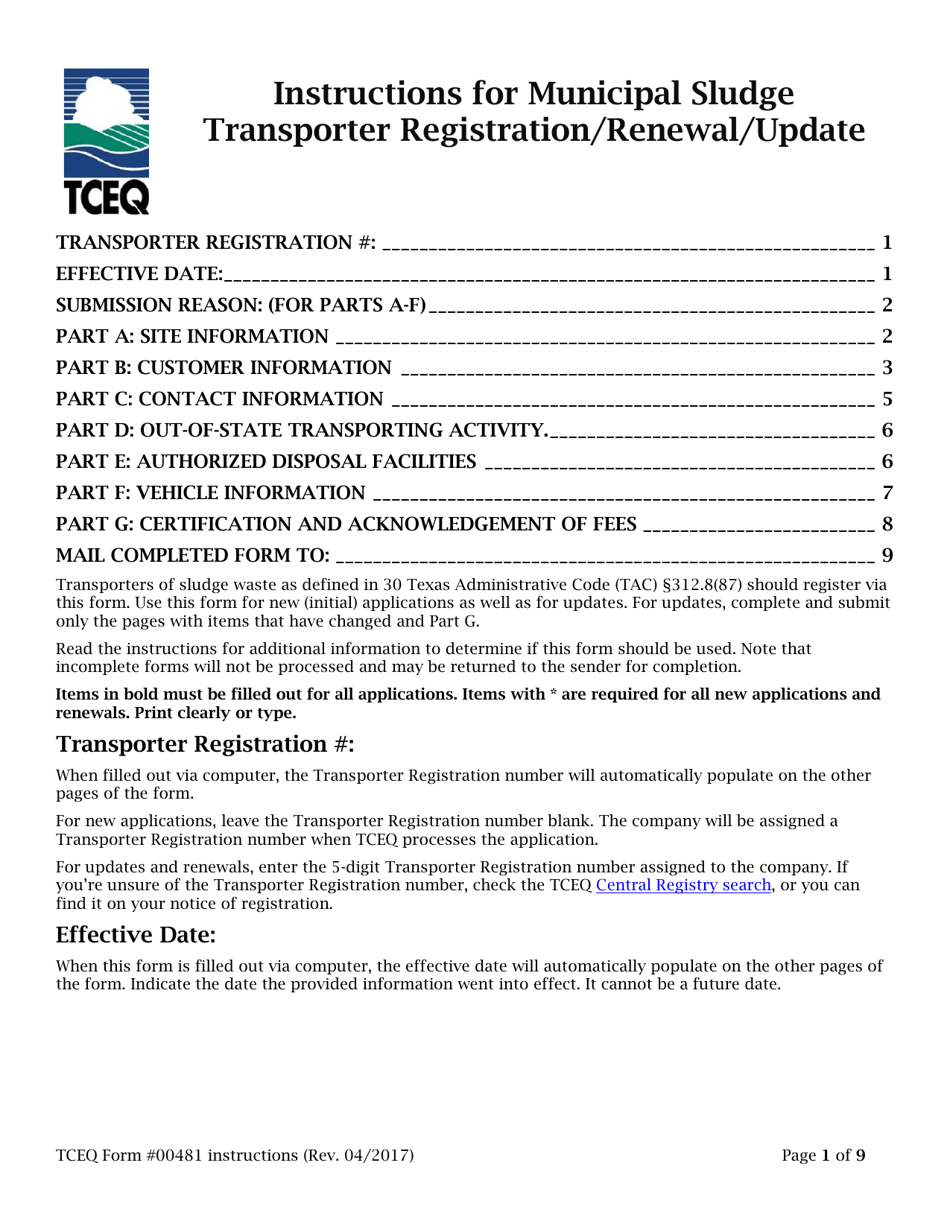 Instructions for Form TCEQ-00481 Application to Register or Renew Registration as a Transporter of Municipal Sludge(S) and Similar Wastes - Texas, Page 1