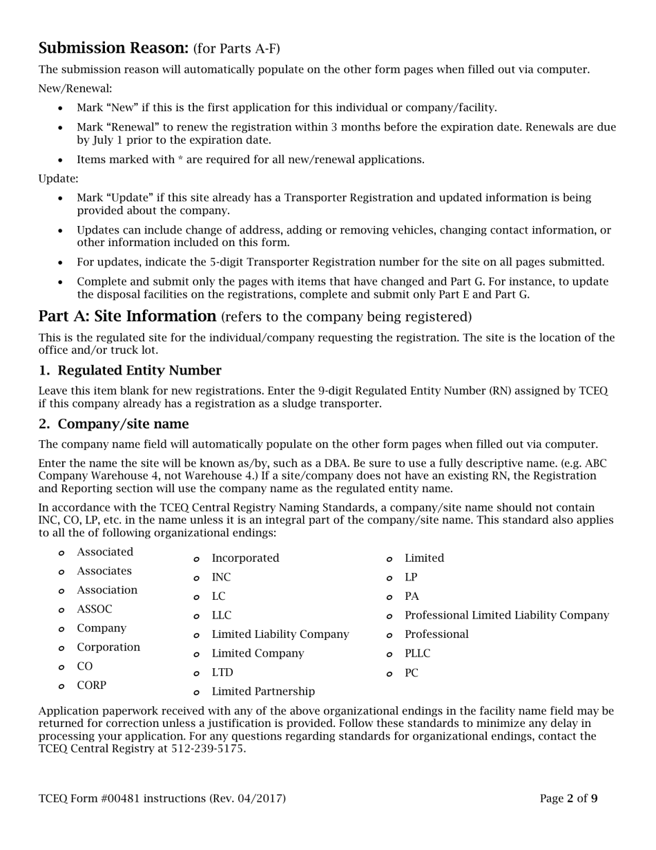 Instructions for Form TCEQ-00481 Application to Register or Renew Registration as a Transporter of Municipal Sludge(S) and Similar Wastes - Texas, Page 2