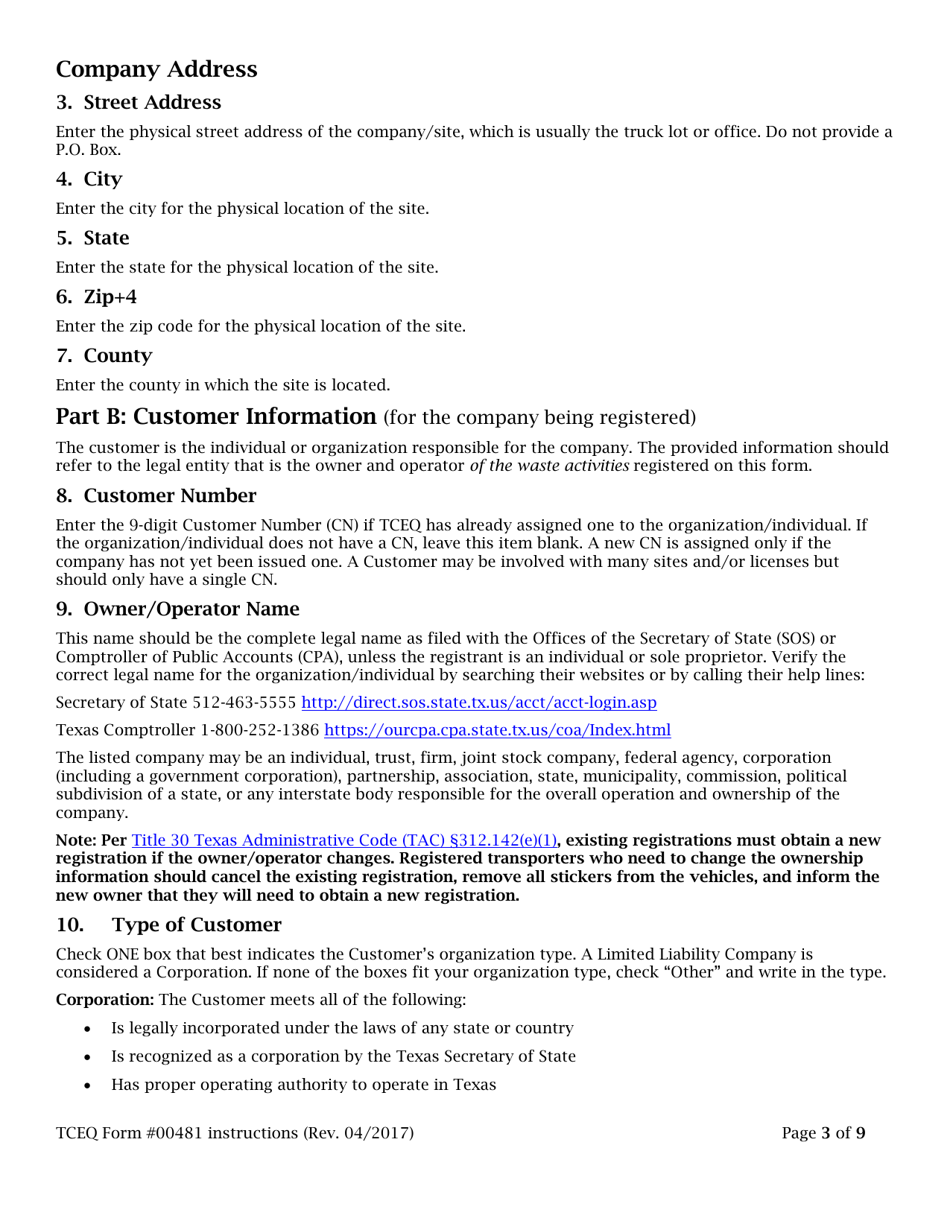 Instructions for Form TCEQ-00481 Application to Register or Renew Registration as a Transporter of Municipal Sludge(S) and Similar Wastes - Texas, Page 3