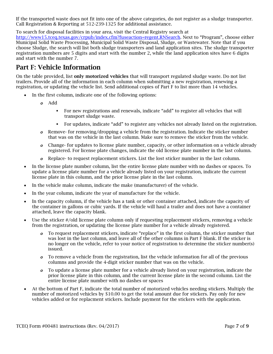 Instructions for Form TCEQ-00481 Application to Register or Renew Registration as a Transporter of Municipal Sludge(S) and Similar Wastes - Texas, Page 7