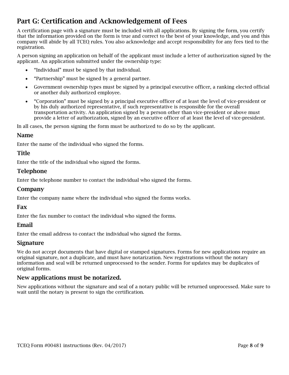 Instructions for Form TCEQ-00481 Application to Register or Renew Registration as a Transporter of Municipal Sludge(S) and Similar Wastes - Texas, Page 8