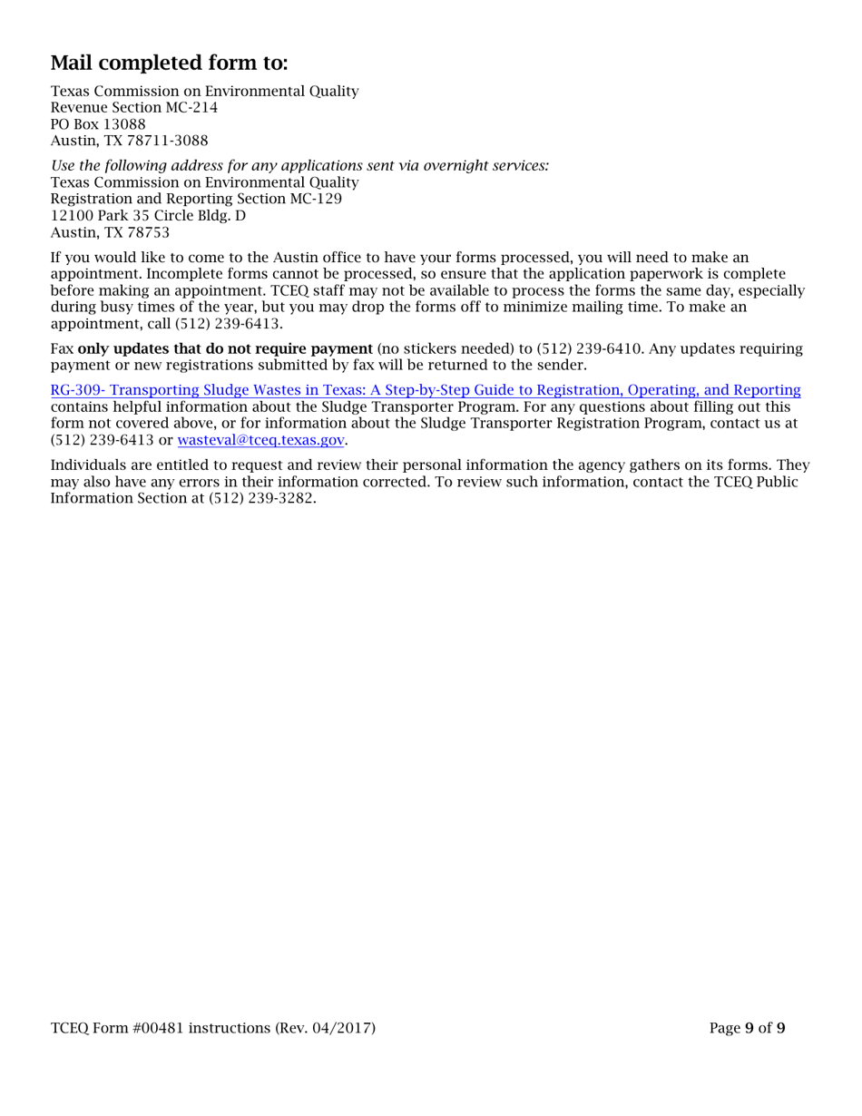 Instructions for Form TCEQ-00481 Application to Register or Renew Registration as a Transporter of Municipal Sludge(S) and Similar Wastes - Texas, Page 9