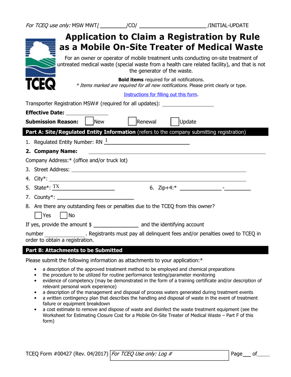 Form TCEQ-00427 Application to Claim a Registration by Rule as a Mobile on-Site Treater of Medical Waste - Texas, Page 1