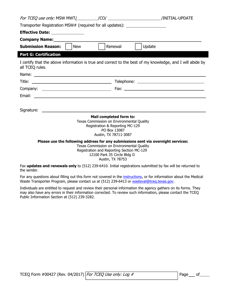 Form TCEQ-00427 Application to Claim a Registration by Rule as a Mobile on-Site Treater of Medical Waste - Texas, Page 5