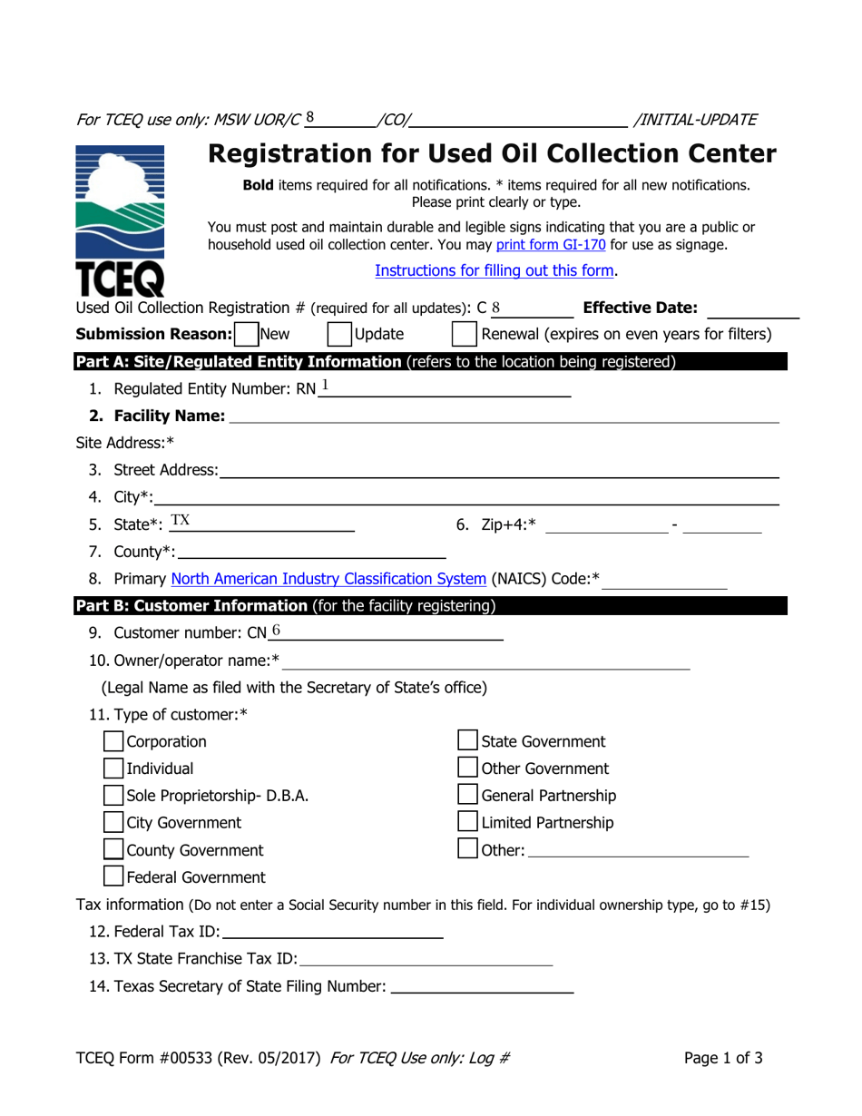 Form TCEQ-00533 Registration for Used Oil Collection Center - Texas, Page 1