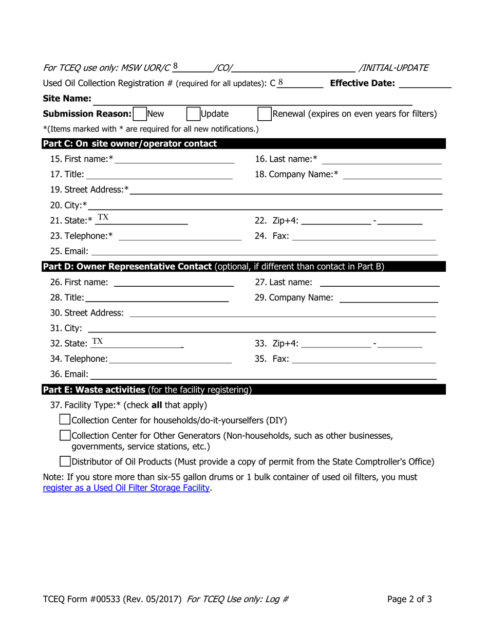 Form TCEQ-00533 Registration for Used Oil Collection Center - Texas, Page 2