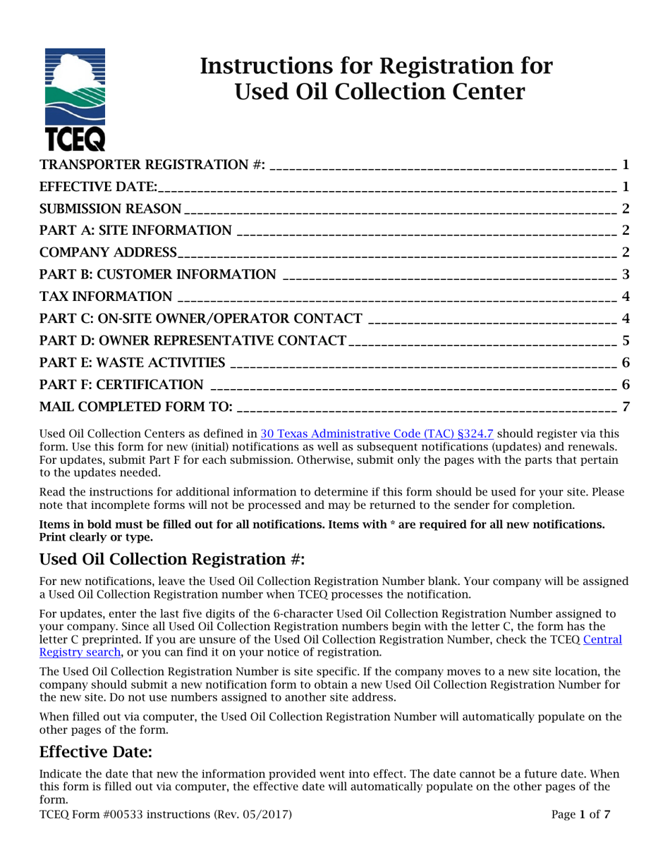 Instructions for Form TCEQ-00533 Registration for Used Oil Collection Center - Texas, Page 1