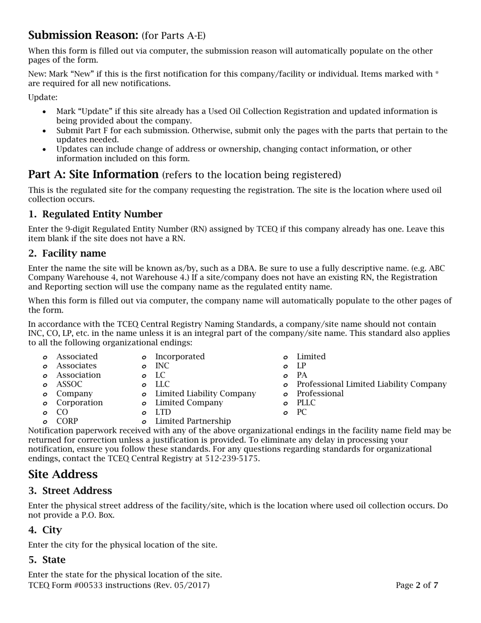 Instructions for Form TCEQ-00533 Registration for Used Oil Collection Center - Texas, Page 2