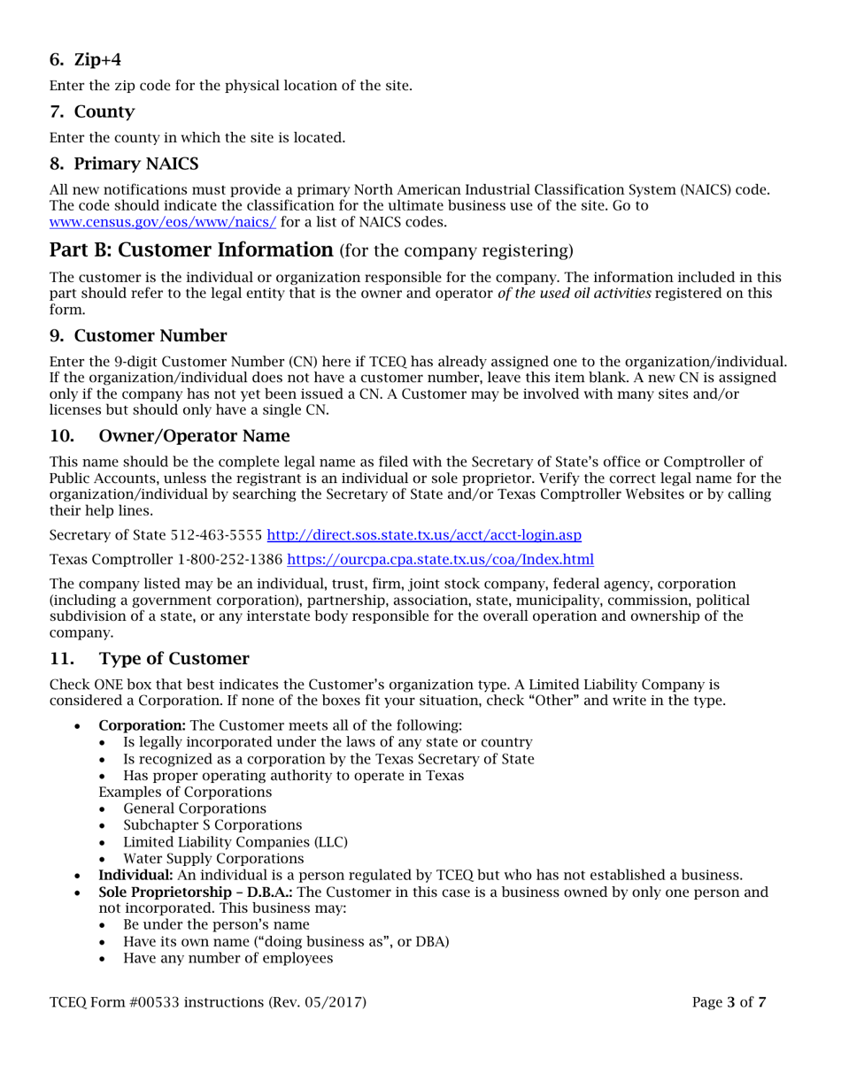Instructions for Form TCEQ-00533 Registration for Used Oil Collection Center - Texas, Page 3