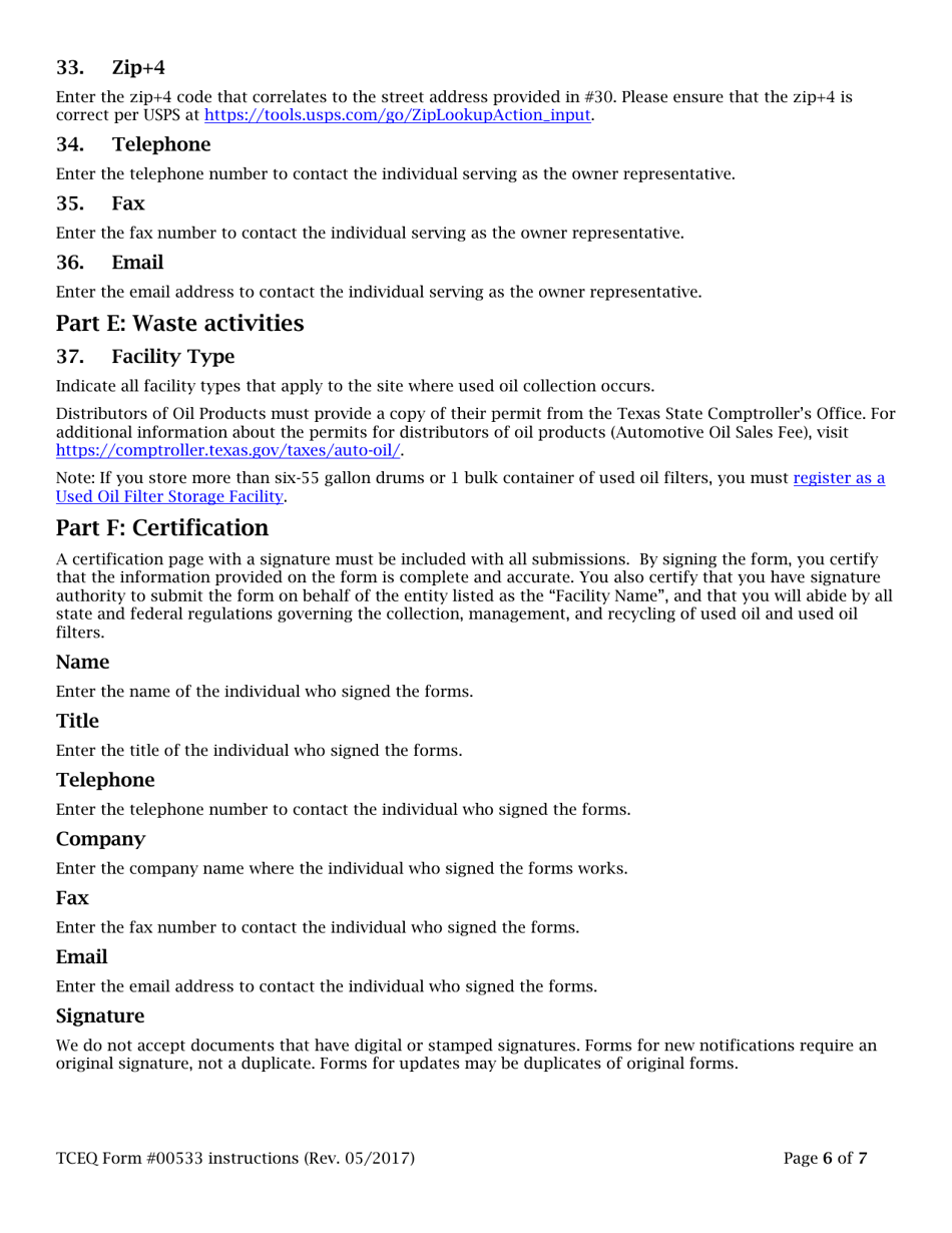 Instructions for Form TCEQ-00533 Registration for Used Oil Collection Center - Texas, Page 6