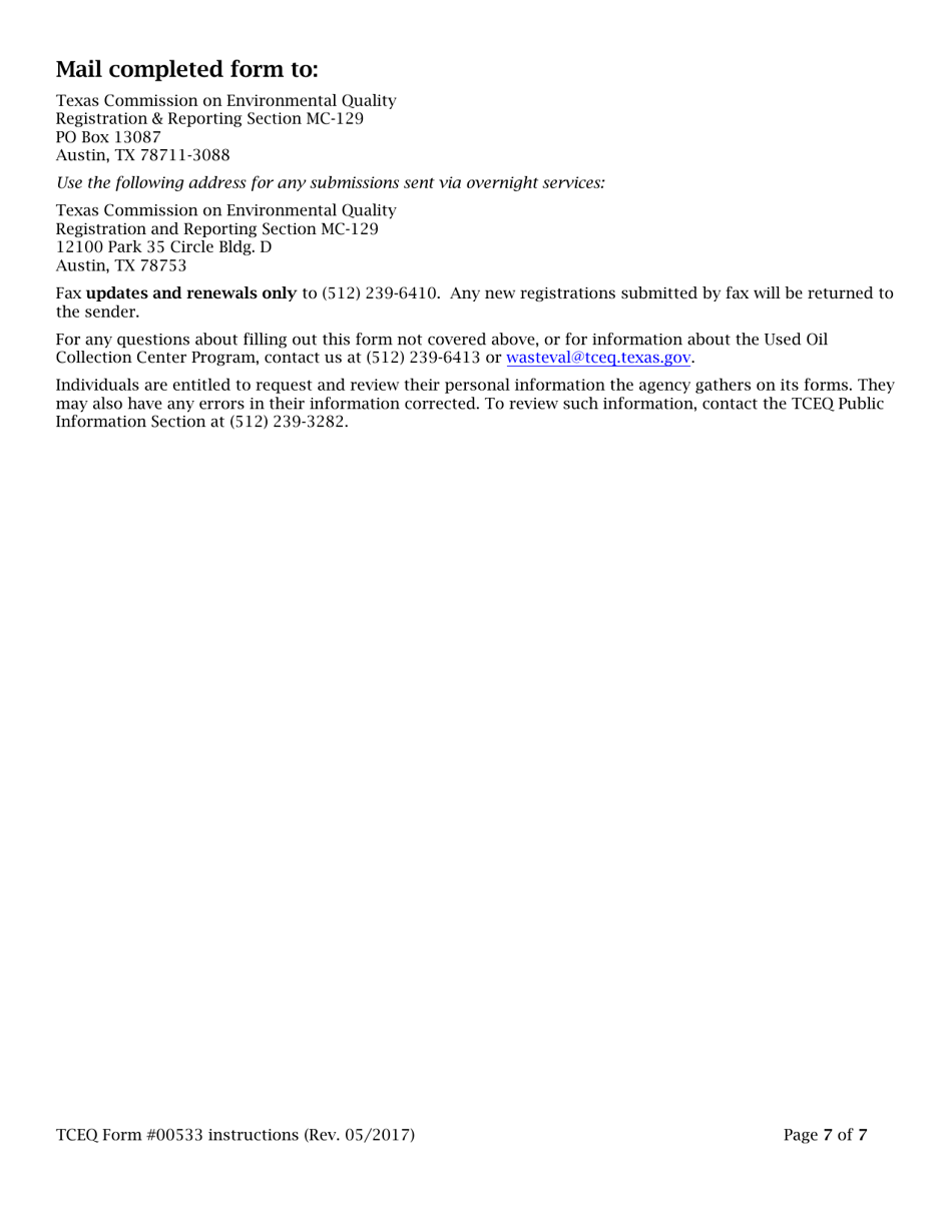 Instructions for Form TCEQ-00533 Registration for Used Oil Collection Center - Texas, Page 7