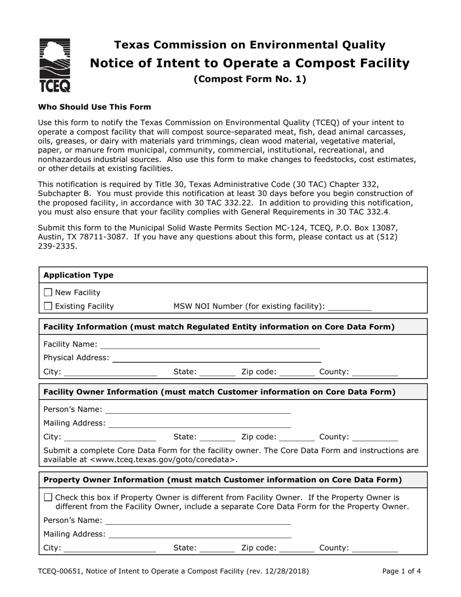 Compost Form 1 (TCEQ-00651) Notice of Intent to Operate a Compost Facility - Texas, Page 1