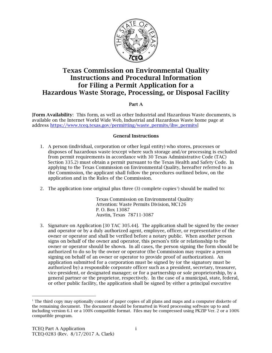 Form TCEQ-0283 Permit Application for a Hazardous Waste Storage, Processing, or Disposal Facility - Texas, Page 1