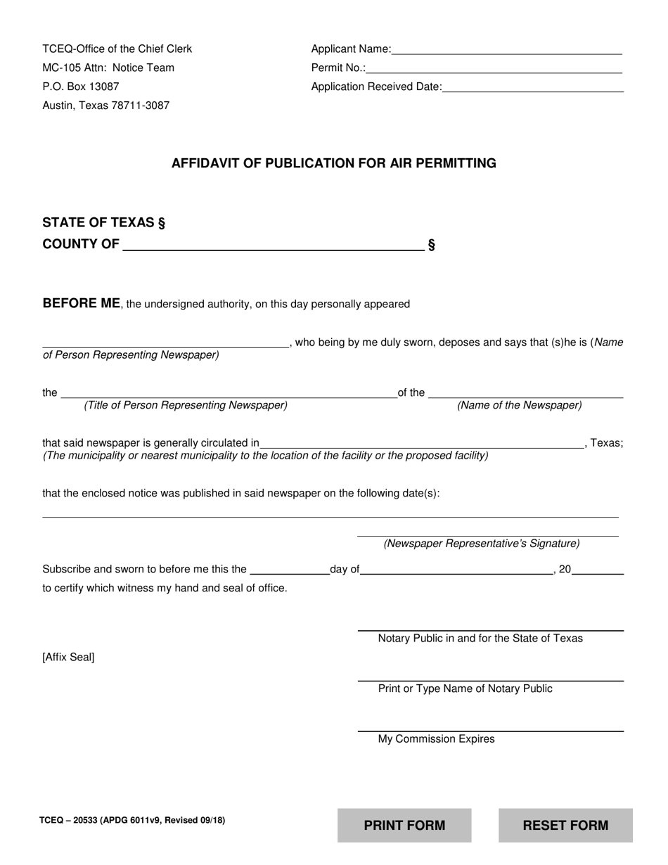 Form TCEQ-20533 Affidavit of Publication for Air Permitting - Texas, Page 1