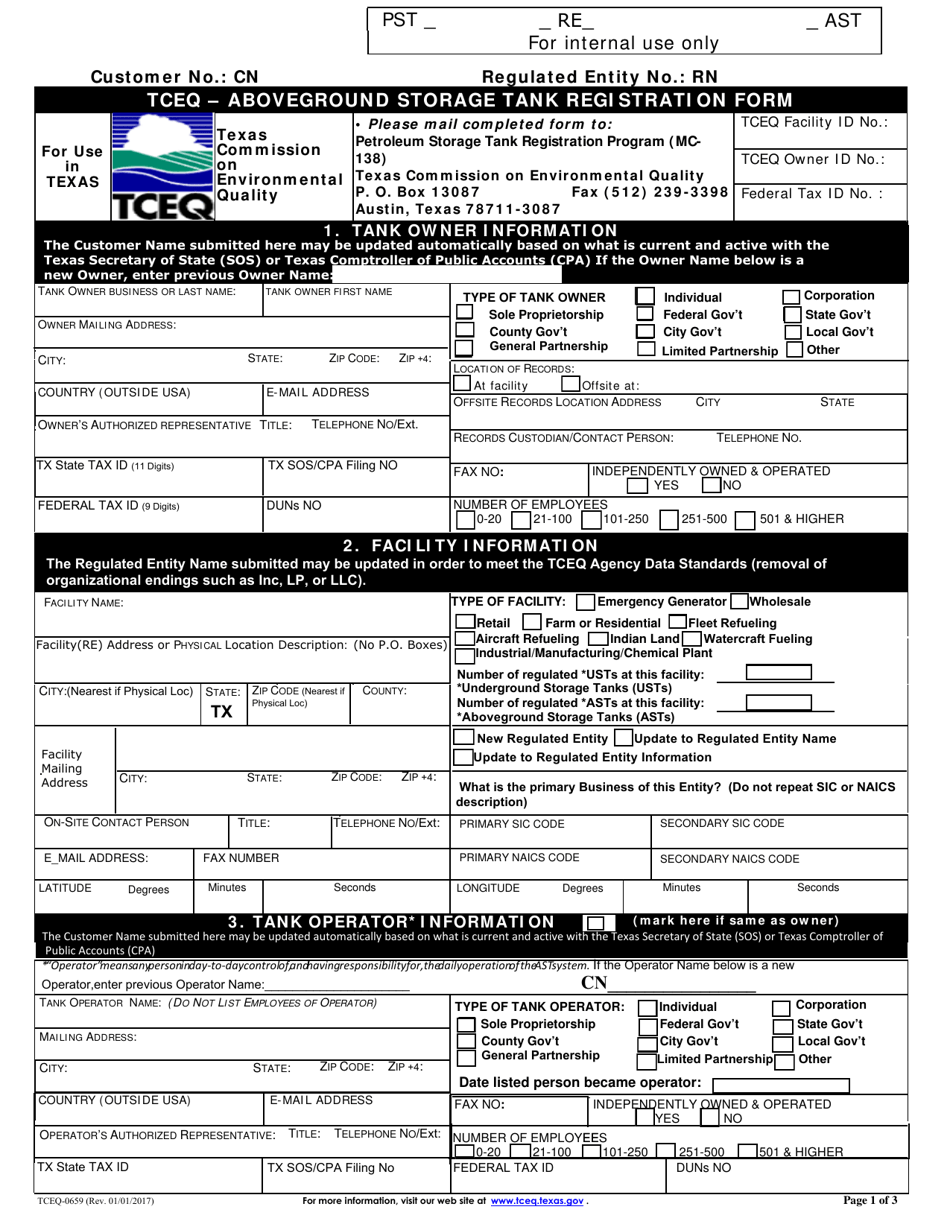 Form TCEQ-0659 Aboveground Storage Tank Registration Form - Texas, Page 1