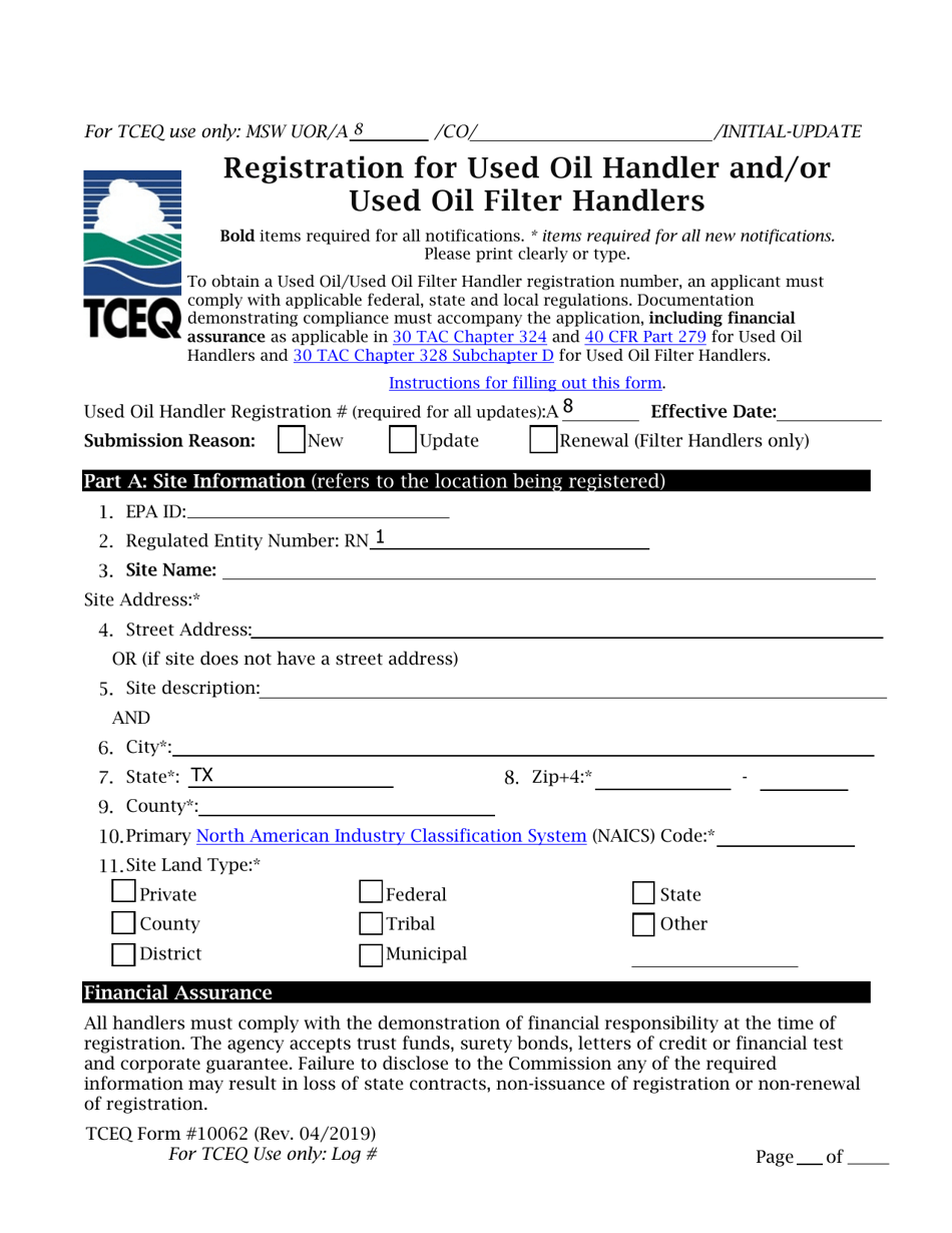 Form TCEQ-10062 Registration for Used Oil Handlers and / or Used Oil Filter Handlers - Texas, Page 1