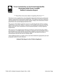 Document preview: Form TCEQ-10072 Municipal Solid Waste Landfill Site Ballast Evaluation Report - Texas