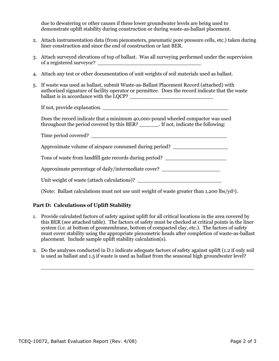Form TCEQ-10072 Municipal Solid Waste Landfill Site Ballast Evaluation Report - Texas, Page 3